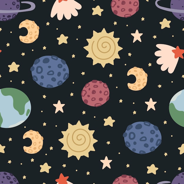 seamless pattern with cartoon planets, rainbow, stars, decor elements