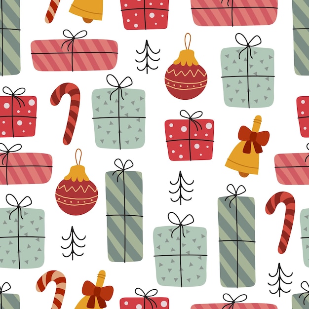 Seamless pattern with cartoon presents, bell, christmas ball, decor elements