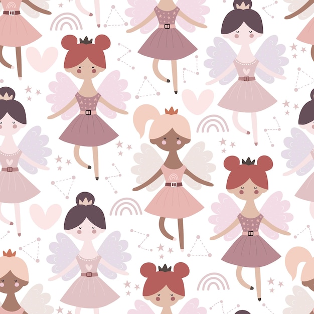 Seamless pattern with cartoon princess rainbow