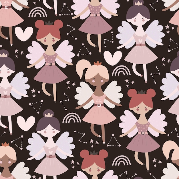 Seamless pattern with cartoon princess, rainbow