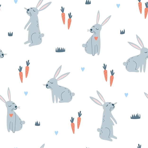 Seamless pattern with cartoon rabbits and carrots