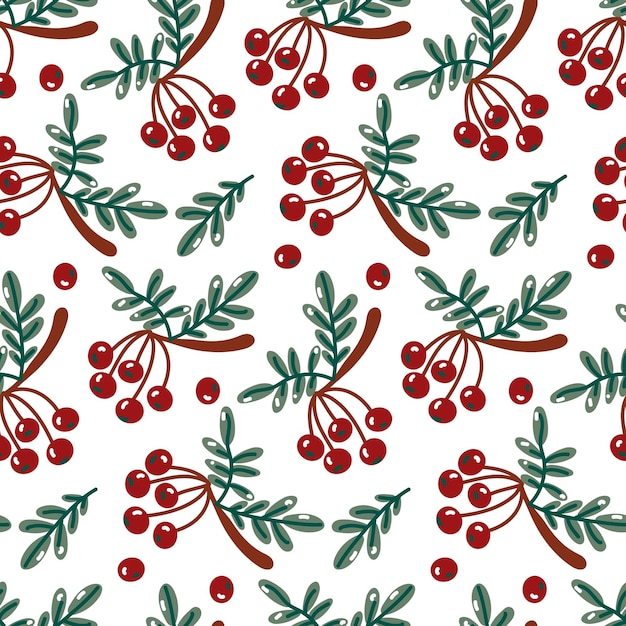 Seamless pattern with cartoon red mountain ash with retro foliage Berry Vector printing