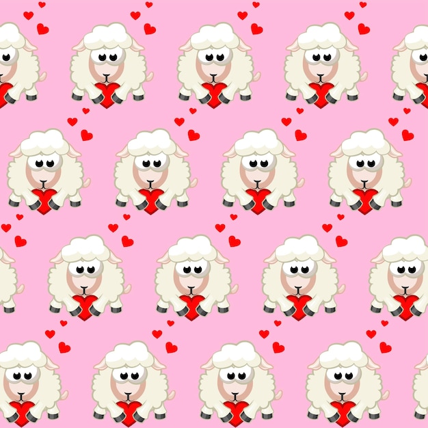 seamless pattern with cartoon sheep Holding Hearts on pink background Valentine Day