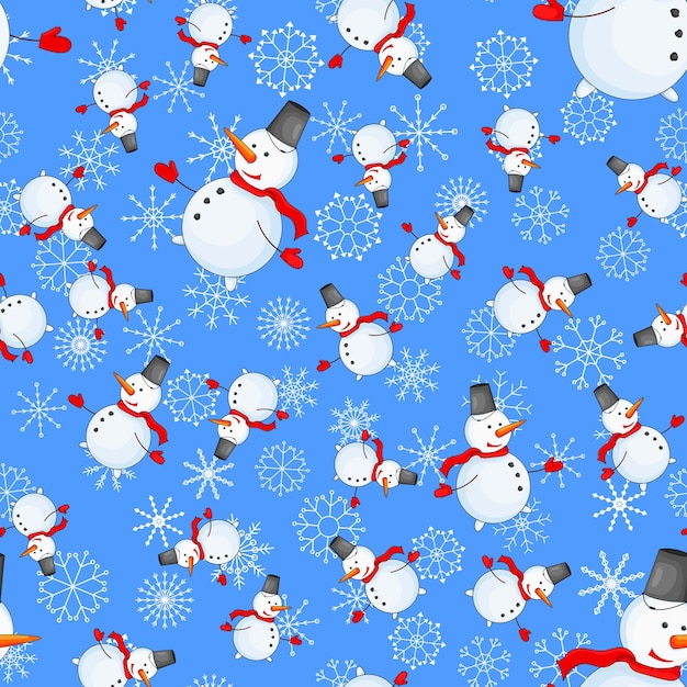 Seamless pattern with cartoon snowman in vector.