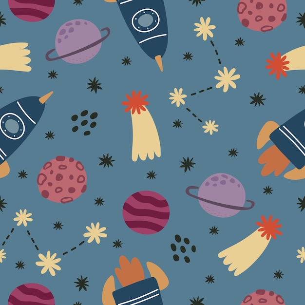 seamless pattern with cartoon spaceship, planets, stars, decor elements