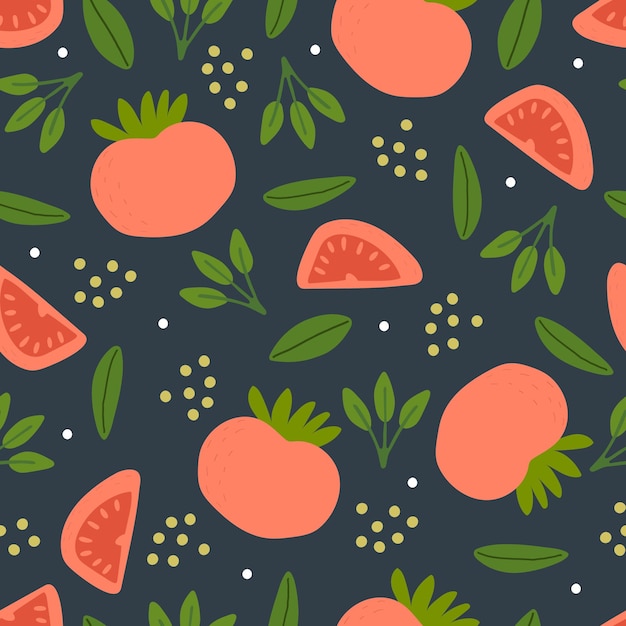 Seamless pattern with cartoon tomato, leaves