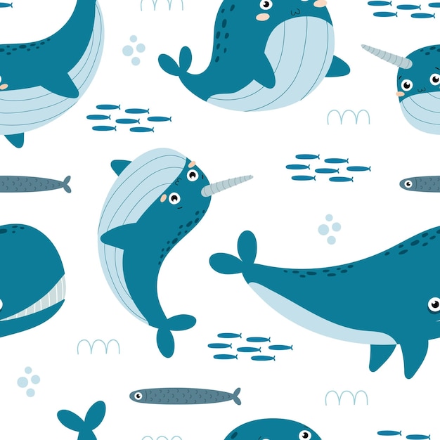 Seamless pattern with cartoon whale