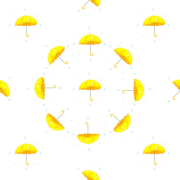 Seamless pattern with cartoon yellow umbrellas and rain drops for fabric Vector