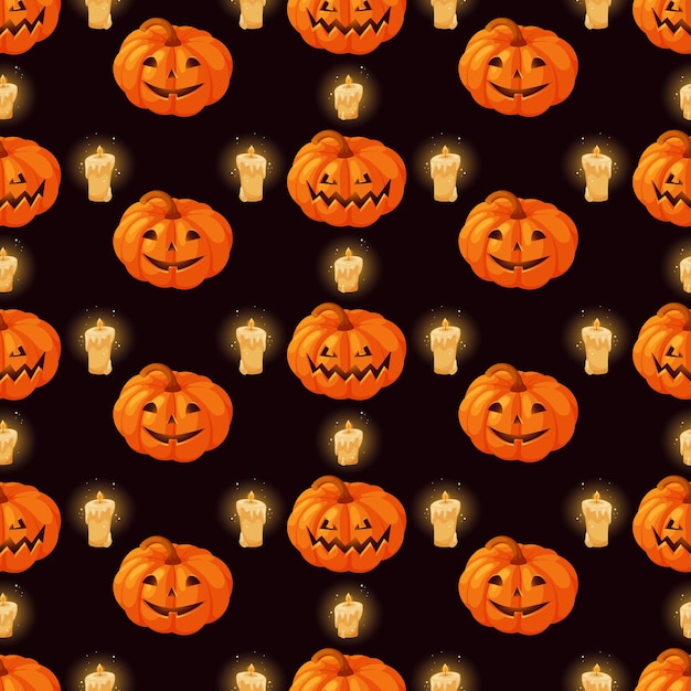 Seamless pattern with carved pumpkin and burning candles for Halloween