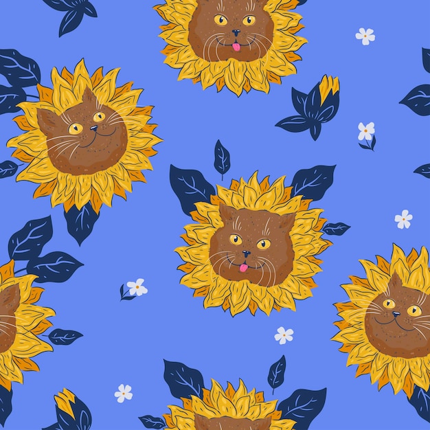 Seamless pattern with cat faces and flowers Vector graphics