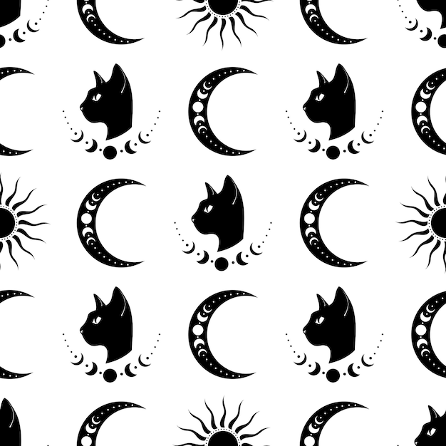 Seamless pattern with a cat. Mystical pattern. Black cat, halloween, Sun, stars, moon, moon phases.