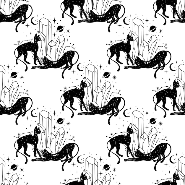 Seamless pattern with a cat. Mystical pattern. Black cat, halloween, Sun, stars, moon, moon phases.