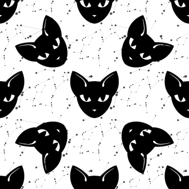 Seamless pattern with a cat. Mystical pattern. Black cat, halloween, Sun, stars, moon, moon phases.