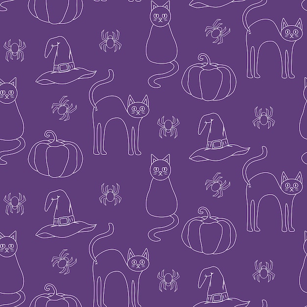 Seamless pattern with cat pumpkin and witch hat