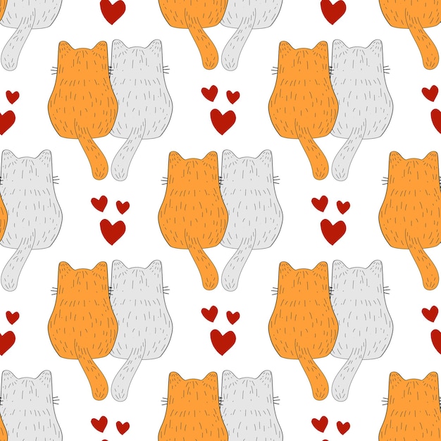 Seamless pattern with cats. Cute cat, cozy, flat illustration. Vector. Ginger cat.