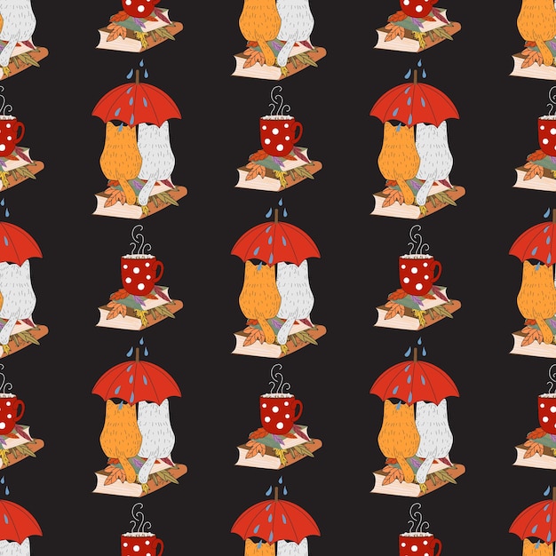 Seamless pattern with cats. Cute cat, cozy, flat illustration. Vector. Ginger cat.