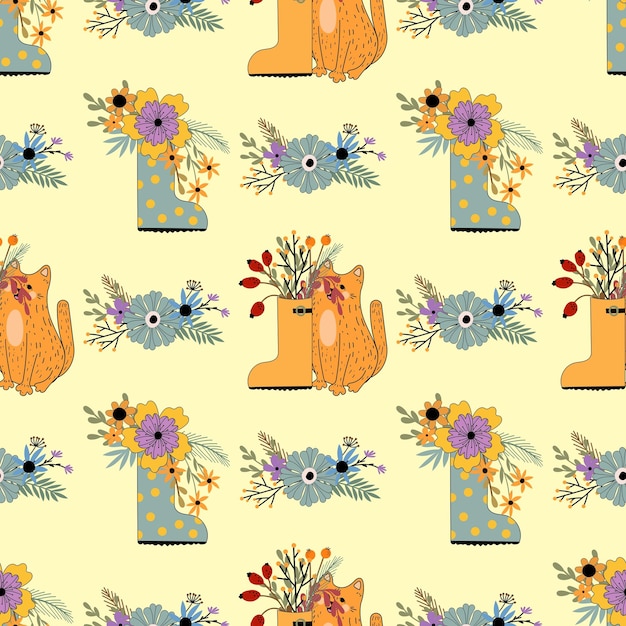 Seamless pattern with cats. Pattern with pumpkins. Halloween, flowers, cat, autumn, leaves.