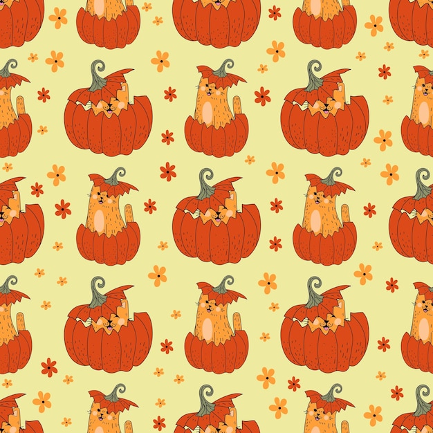 Seamless pattern with cats. Pattern with pumpkins. Halloween, flowers, cat, autumn, leaves.