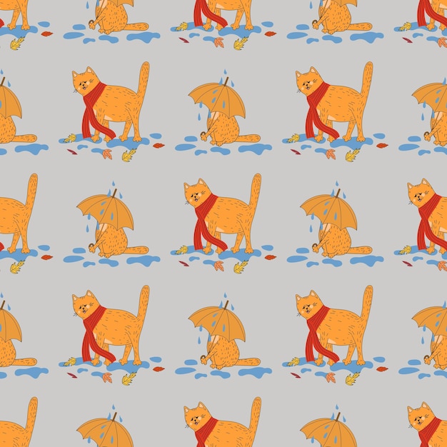 Seamless pattern with cats. Pattern with pumpkins. Halloween, flowers, cat, autumn, leaves.