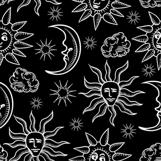 Seamless pattern with celestial bodies .The sun the moon the stars the clouds. Vintage style