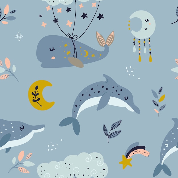 Seamless pattern with celestial whale and dolphins