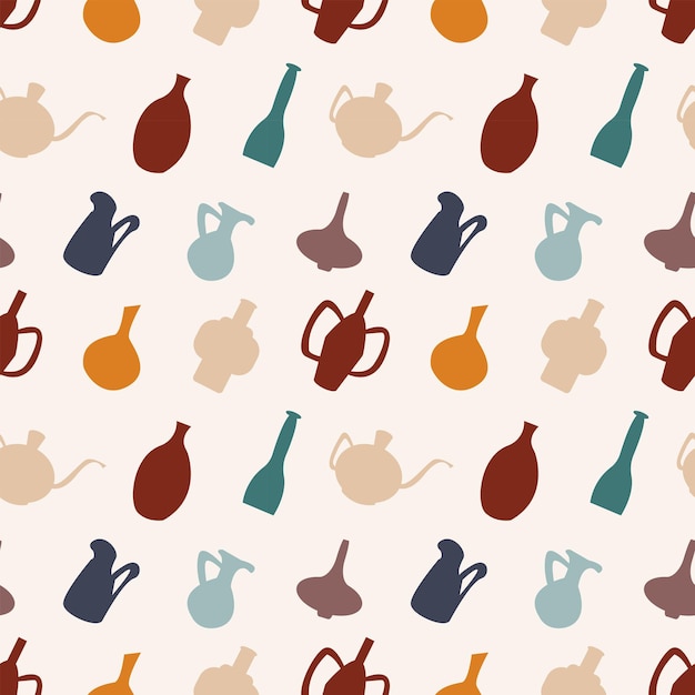 Seamless pattern with ceramic vases jugs bottles and vessels Minimalist pattern with crockery