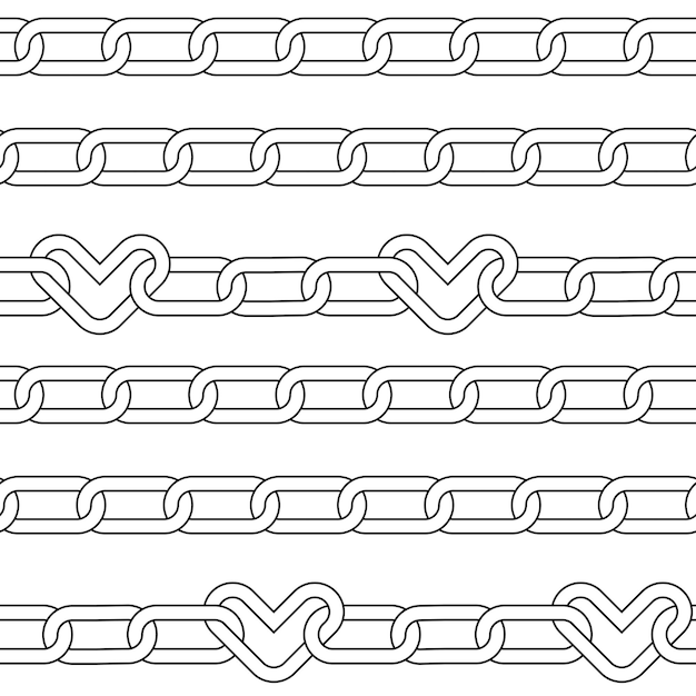 Seamless pattern with chain with hearts links emo background black on white background linear vector