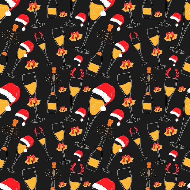 Seamless pattern with Champagne glasses with Christmas accessories. Santa hat, deer horns, bells