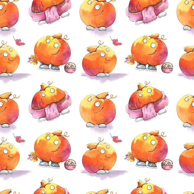 Seamless pattern with characters Hand drawn watercolor pumpkin set isolated on white background