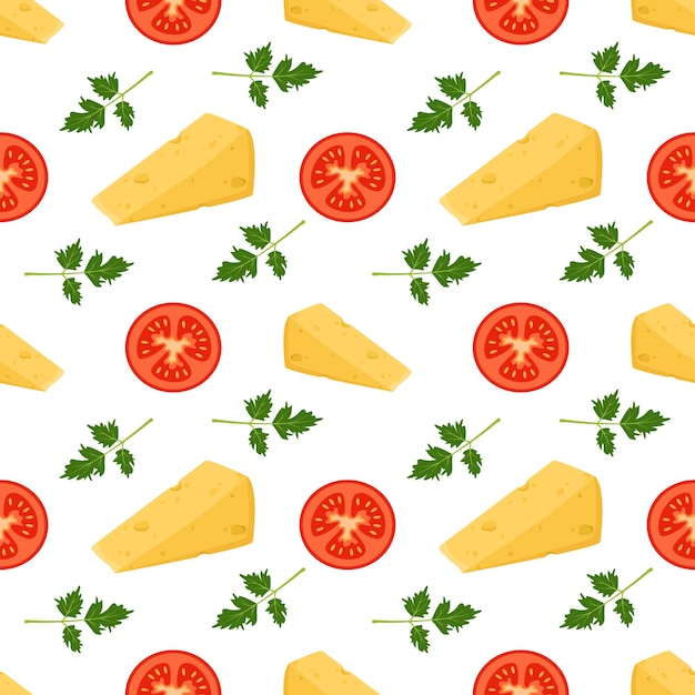 Seamless pattern with cheese, tomatoes and parsley.