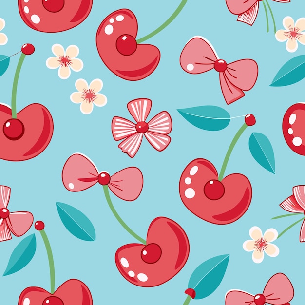 Vector seamless pattern with cherries bows and flowers on blue background