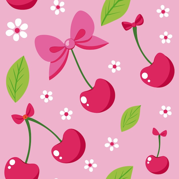 Vector seamless pattern with cherries bows and flowers on a pink background