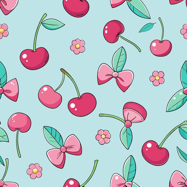 Seamless pattern with cherries and pink bows on a blue background