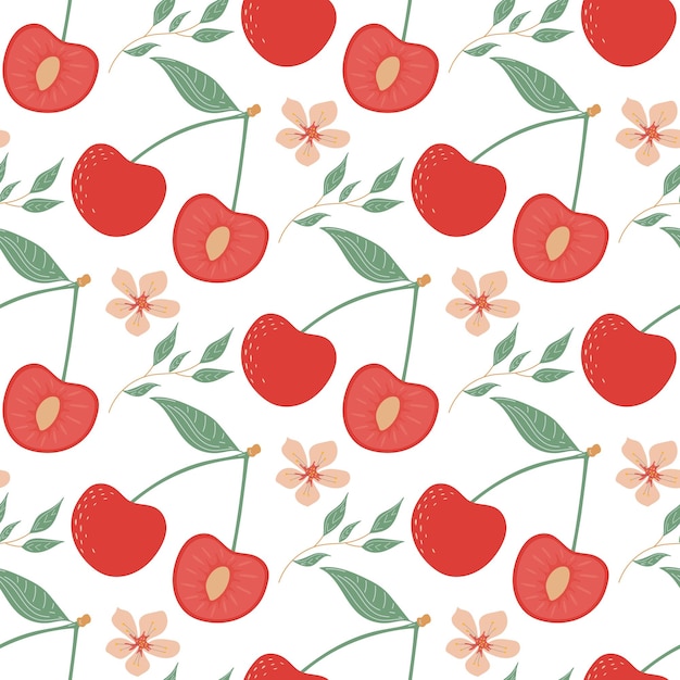 Seamless pattern with cherry flowers and leaves Fruit pattern