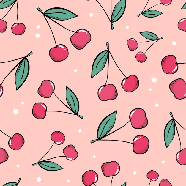 seamless pattern with cherry and stars on pink background 90's aesthetic textile print