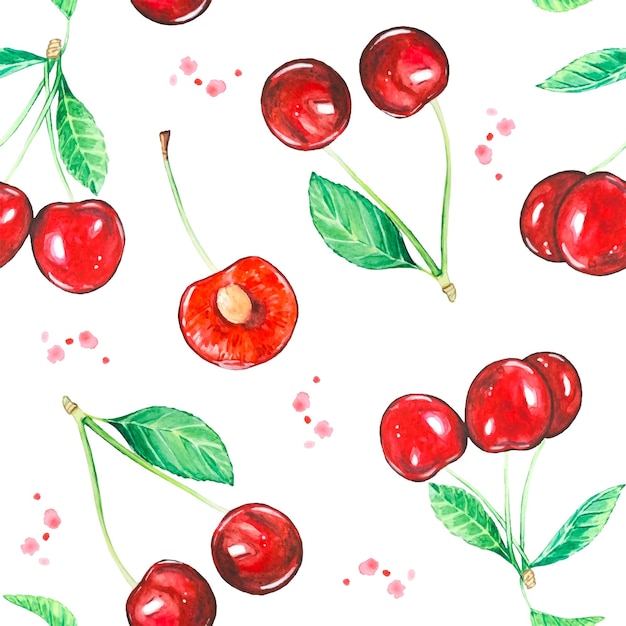 Seamless pattern with cherry watercolor on a white background