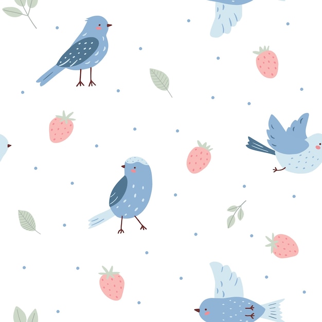 Seamless pattern with childish birds and berries on xAwhite background Cute vector illustration in pastel colors for design fabric and textiles