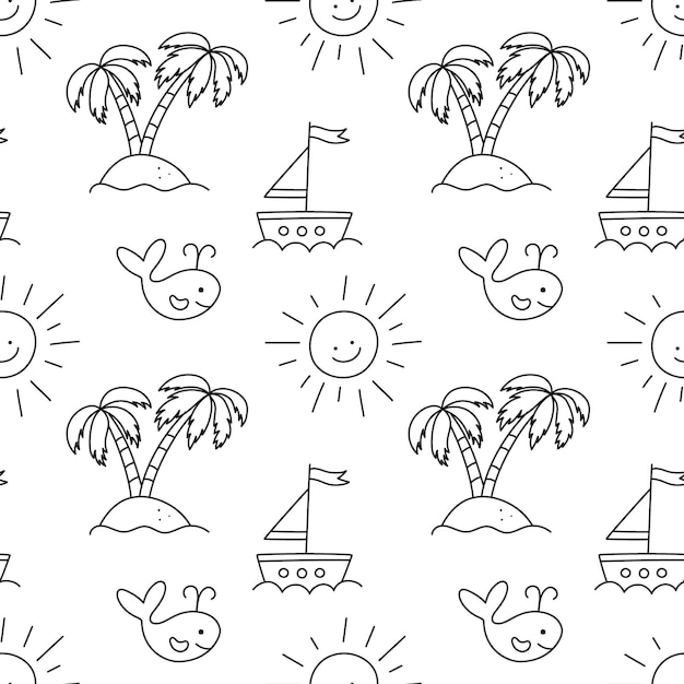 Seamless pattern with children drawings Doodle sea pattern Hand drawn smiling sun ship palm tree and rain and whale Childish wallpaper Cute baby texture Vector illustration on white background