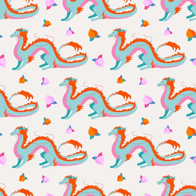 Seamless pattern with chinese dragons and peaches cartoon ornament symbol of chinese new year