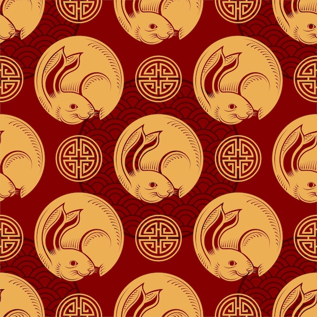 Seamless pattern with chinese new year 2023 or mid autumn festival zodiac year of the rabbit sign with asian elements