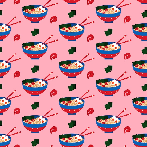 Seamless pattern with chinese soup ramen, prawns and nori seaweed on pink background.