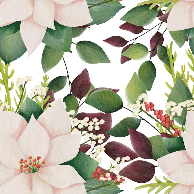 Seamless pattern with Christmas botanical plants and flowers. Repeat fabric wallpaper print texture.