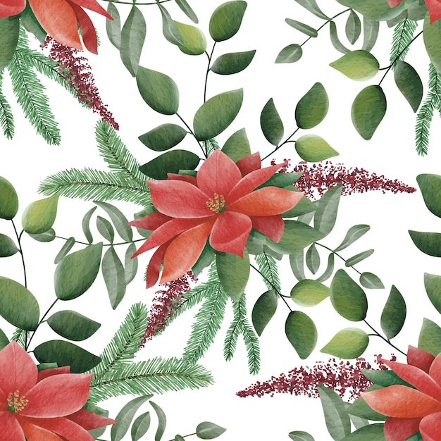 Seamless pattern with Christmas botanical plants and flowers. Repeat fabric wallpaper print texture.