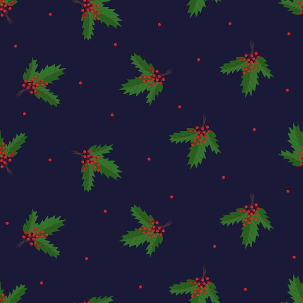 Seamless pattern with Christmas branches and berries vector illustration viburnum leaves background