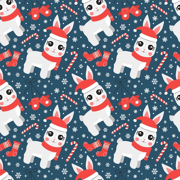 seamless pattern with christmas candy cane caramel, banny and snowflakes, endless background