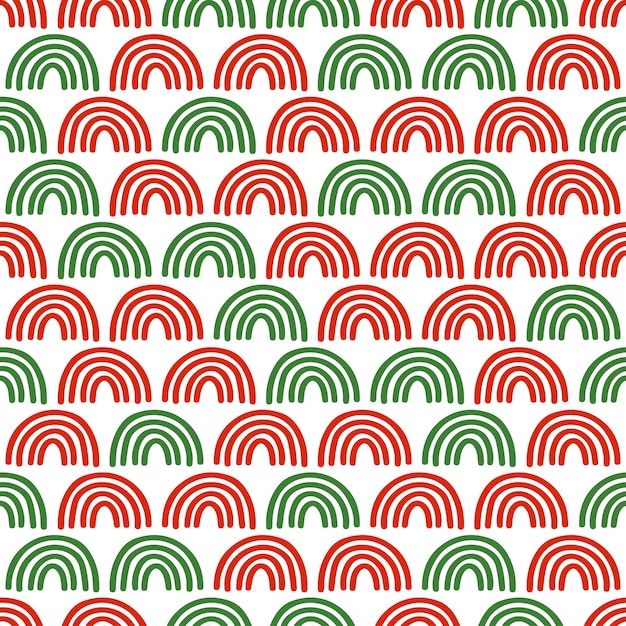 Seamless pattern with Christmas decoration. Red and green rainbows on white background.