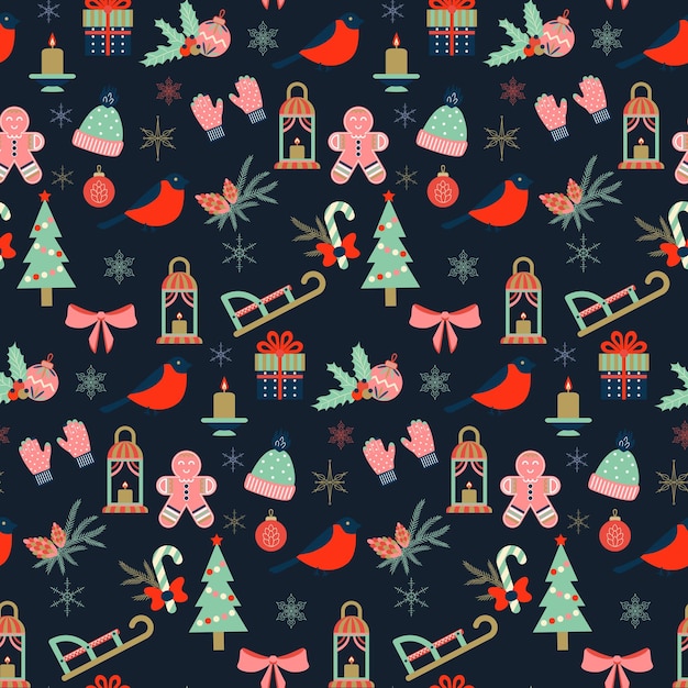 Seamless pattern with Christmas elements on a dark background