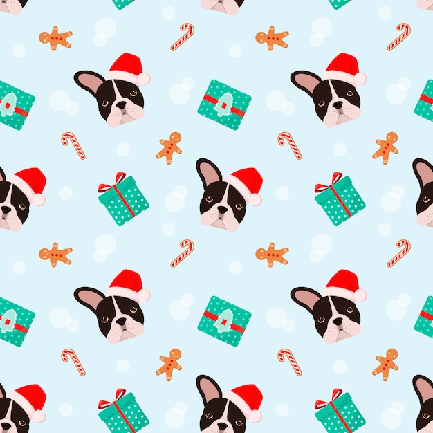 Seamless pattern with Christmas French bulldogs. Cute dogs. Cartoon design.