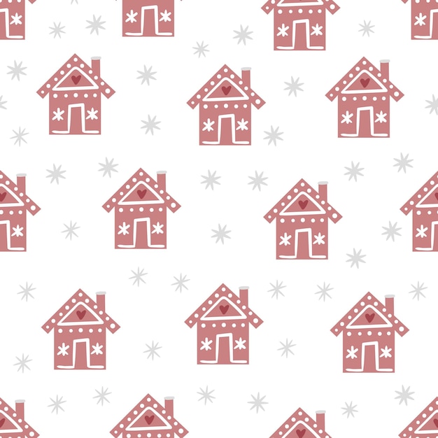 Seamless pattern with Christmas gingerbread cookies cute house Cute winter holiday vector design xmas background Sweet home illustration