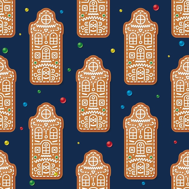 Seamless Pattern with Christmas Gingerbread House on Blue Vector Illustration